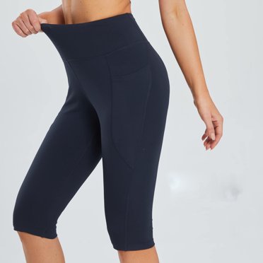 Jsaierl Yoga Leggings for Women Elastic High Waisted Knee Length Workout Capris Slim Fit Stratch Pants with Pockets Solid Color Leggings