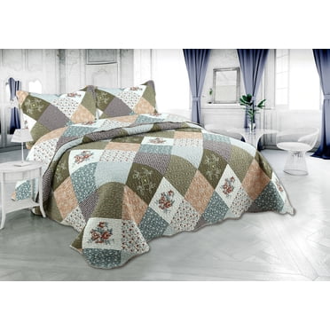 Marina Decoration Rich Printed Embossed Pinsonic Coverlet Bedspread Ultra Soft Bedding Summer Quilt Set with Shams, Modern Diagonal Floral Plaid Pattern