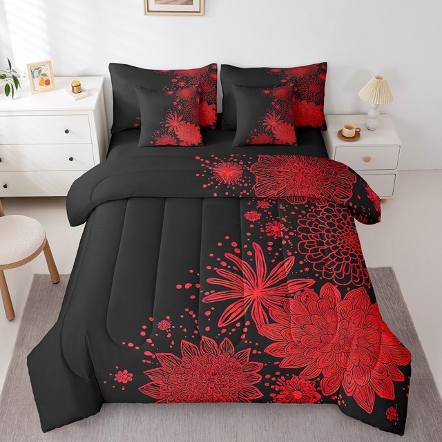 YST Aztec Dahlia Comforter Set, 7-Piece, Lotus Flower Theme, Full Size, Reversible Red Black Floral