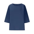 thumbnail image 4 of QATAINLAV Vente de la Rentrée, T-Shirts Surdimensionnés pour Femmes Manches 3/4 Col Rond Hauts Décontractés Amples T-Shirts Basiques Blouse en Coton et Lin Tenues Tendance Été 2025 Bleu Foncé L, 4 of 5