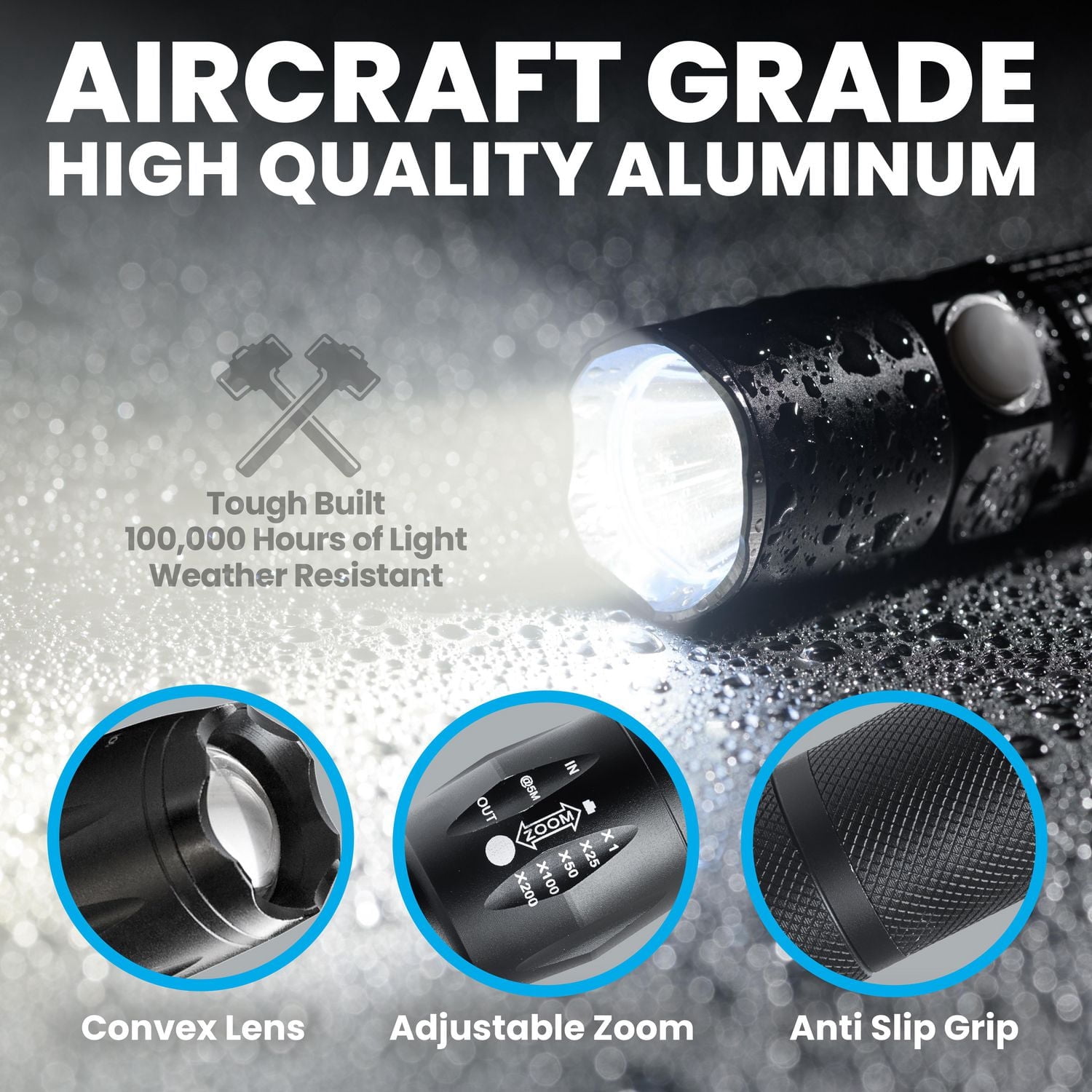 Bell + Howell Taclight Tactical Black Flashlight 3-Pack – Ultra Bright LED, 5 Modes, Zoomable, Waterproof, Durable Aluminum
