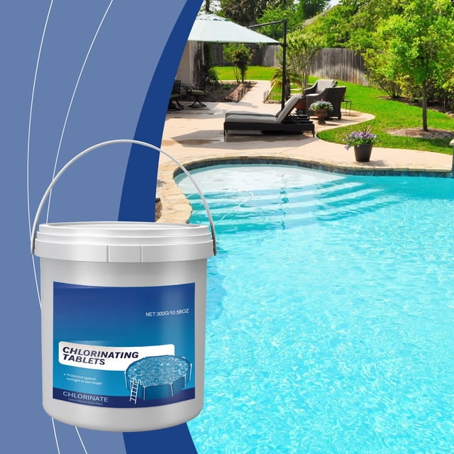 Sales Today Clearance! Pool Cleaning Tablets, a bucket of 300 chlorine tablets for pool care and shock treatments, shown near a sparkling outdoor pool. These tablets dissolve quickly, control algae, and enhance water quality with sustained release technology. Ideal for villa pools, spa pools, indoor and outdoor pools.
