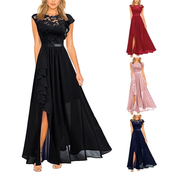 Xuniizn Womens Cocktail Dresses Crew Neck Short Sleeve Evening Dresses Elegant Flowy Lace Patchwork Maxi Party Dress, S-XL