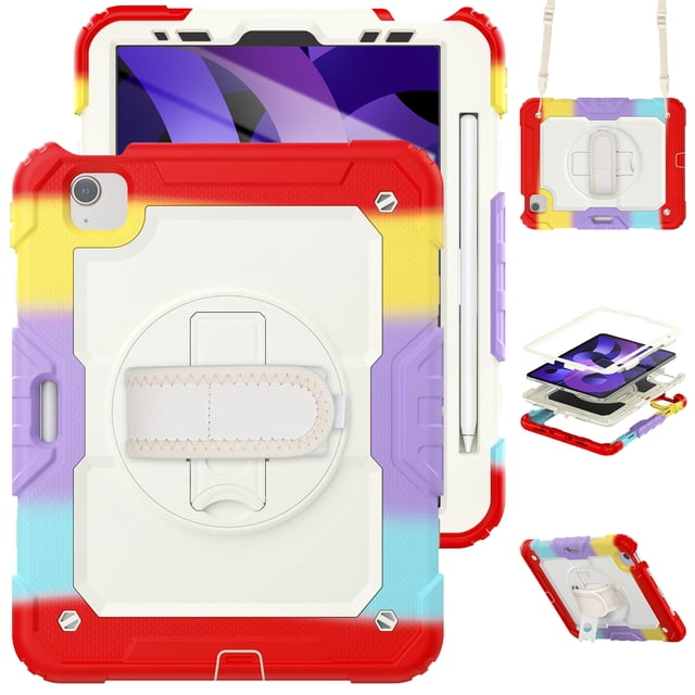 XYX For iPad Air 5th/4th Generation 10.9 inch 2022/2020 Case, 360 Rotating Shockproof Cover with Stand, Screen Protector, Shoulder Strap, Rainbow Red