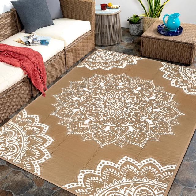 Findosom Tapis d'Extérieur Imperméable Boho 5'x8', Tapis de Paille en Plastique Pliable et Réversible, Grand Tapis de Patio pour Extérieur, Véhicule Récréatif, Patio, Arrière-Cour, Terrasse, Pique-Nique, Plage, Camping Marron