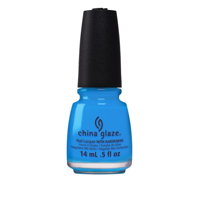 China Glaze Nail Lacquer - DJ Blue my Mind - 0.5 FL OZ bright blue nail polish bottle with black cap, featuring professional formula with hardeners for chip-resistant, long-lasting colour and shine, suitable for nail care and polish enthusiasts.