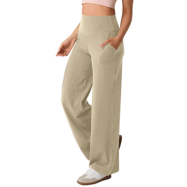 VINUSLI Fall Womens Pants Wide Straight Leg High Waisted Workout Sweatpant Tummy Control Stretchy Bootcut Solid Pull On Pant Beige,S
