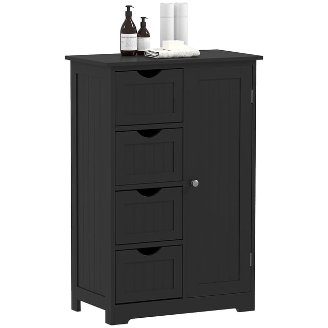kleankin Armoire de Rangement pour Salle de Bain avec Tiroirs et Tablette Ajustable, Noir. Cette Armoire en MDF Présente une Finition Noire Peinte, Quatre Tiroirs et une Armoire Spacieuse avec Tablette Réglable à 3 Niveaux. Comprend une Sangle Anti-Basculement et des Patins Antidérapants pour la Sécurité et la protection du Plancher. Dimensions : 22 Pouces de Large, 11,8 Pouces de Profondeur et 32,7 Pouces de Hauteur. Convient aux Salles de Bain, Cuisines Ou Espaces de Vie.