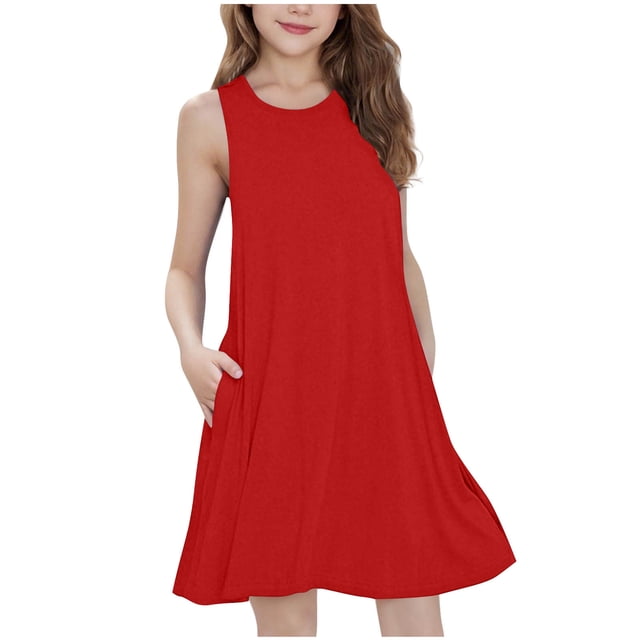 Yuyuzo Robes Midi d'Été pour Filles Amples Décontractées Sans Manches Mignonnes Ligne A Fluides Robe d'Été avec Poches