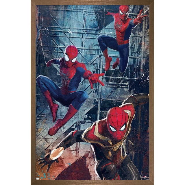 Marvel Spider-Man: No Way Home - Trio Wall Poster, 22.375" x 34", depicts three Spider-Man characters in red and blue suits in dynamic action poses with web-shooting on a textured industrial background, printed on glossy paper with vibrant colors, suitable for bedroom or office wall décor.