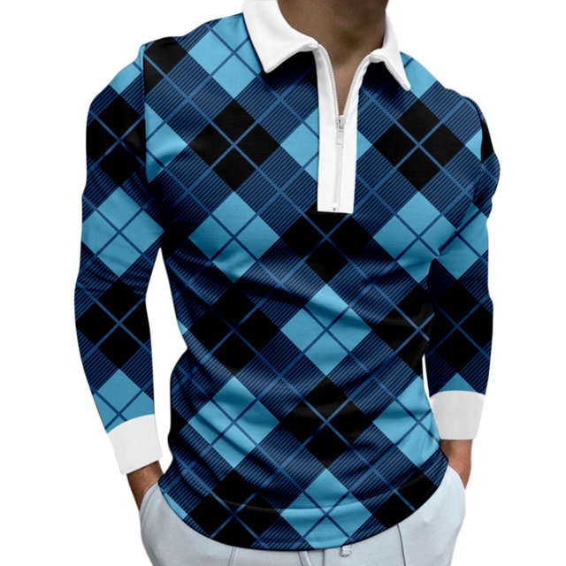 Cathalem Polo à Col en V pour Homme, Manches Longues, Col à Double Boutonnage, Polo, Bleu G