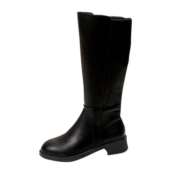 Xfvqtps Knee High Boots for Women Back Zipper Round Toe Block Low Heel Fashion Leather Casual Commute Boots Black
