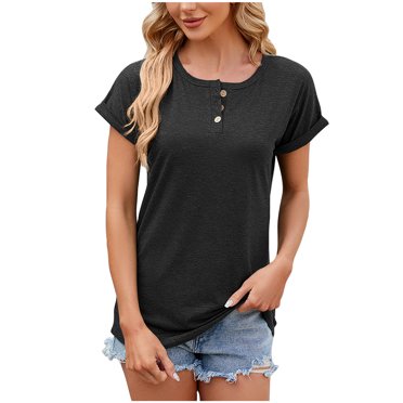 Liquidation d'Économies d'Été 2025! BOVXNPU Hauts d'Été pour Femmes Grande Taille, Hauts à Manches Courtes pour Femmes, T-Shirt à Boutons à Col Rond à Manches Courtes pour Femmes, Chemise Décontractée Ample