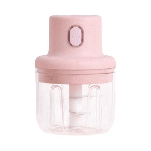 USB Electric Kitchen Blender Mixer Garlic Masher Meat Grinder Mini Vegetable Chili Meat Grinder Kitchen Tool with a compact pink ABS body, transparent container, and stainless steel cutter head. Ideal for chopping garlic, ginger, pepper, nuts, and making smoothies, milkshakes, or desserts. USB charging interface with waterproof design, suitable as a personal blender or mini food processor.
