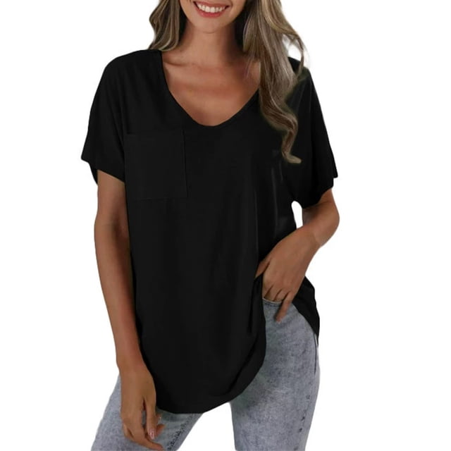 Yubnlvae T-Shirt Décontracté à Poche à Manches Courtes pour Femmes, T-Shirt Décontracté à la Mode pour Femmes Uni avec Poche, Liquidation! Uni, Col Rond, Noir, G