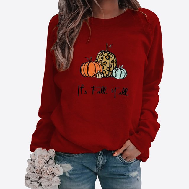 DPTALR Femmes Confortable Décontracté Courge à Lettres Imprimées Chandail à Col Rond Manches Longues T-Shirt Blouse Hauts