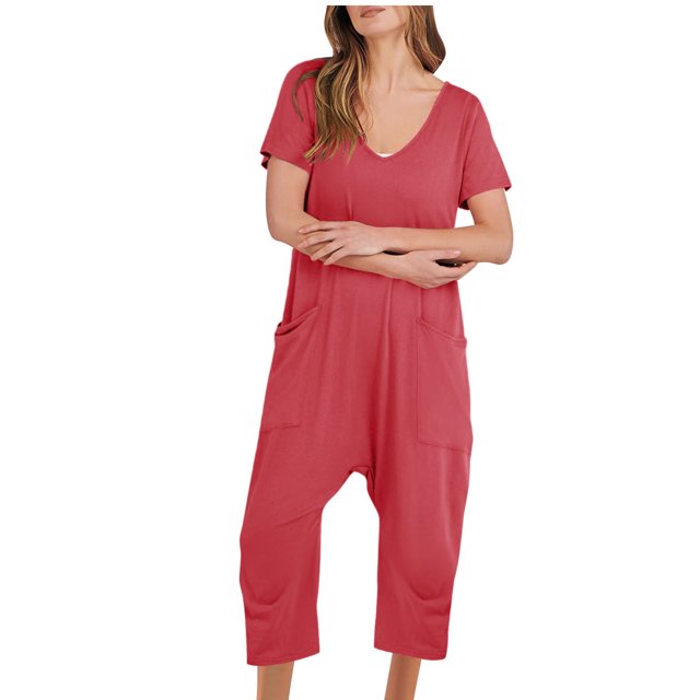 Birdeem Combinaisons pour Femmes Mode Femmes Combinaison Décontractée à Manches Courtes Combinaison Unie Combinaisons Pantalon à Jambe Grand avec Poche