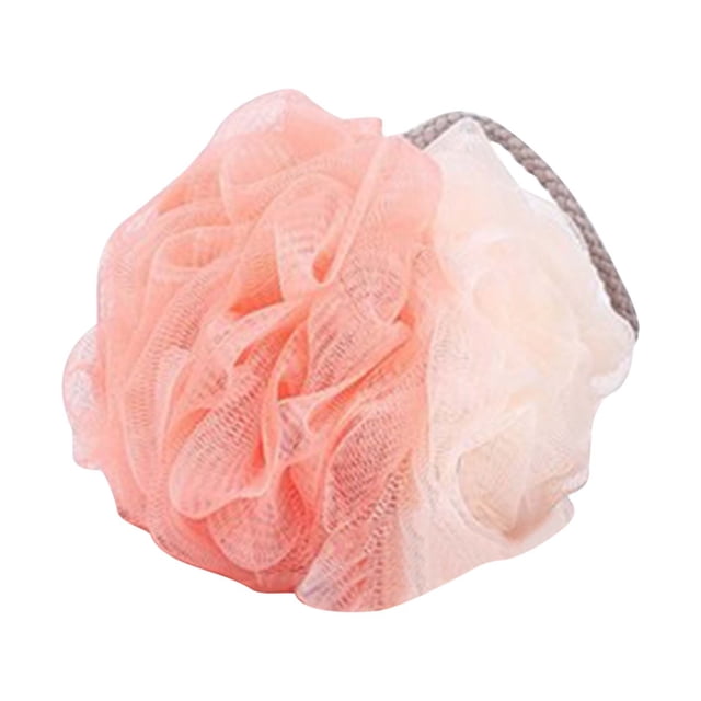 Loofah Éponge de Bain et de Douche en Maille Exfoliante, Accessoire de Bain en Matériau PE Doux et flexible. Présente un design Bicolore avec des Couches de Maille Pêche et Blanche, et une Lanière pour une Suspension Facile. Dimensions : 22 x 18 x 7 cm.
