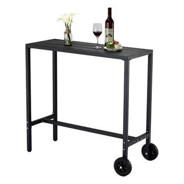 Portable Rolling Outdoor Bar Height Table with Wheels & Adjustable Leveling Feet - Metal Patio Dining Table for Kitchen Island, Balcony, Yard, Indoor/Outdoor - Black - Size: 39 Inch