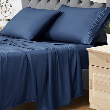 4 PCS Bamboo Sheets, 100% Bamboo Bed Sheets Deep Pocket Cooling, Cool Sheets for Hot Sleeper, Luxury Sheet Set, Super Soft Breathable Comfortable – Navy Blue, Twin