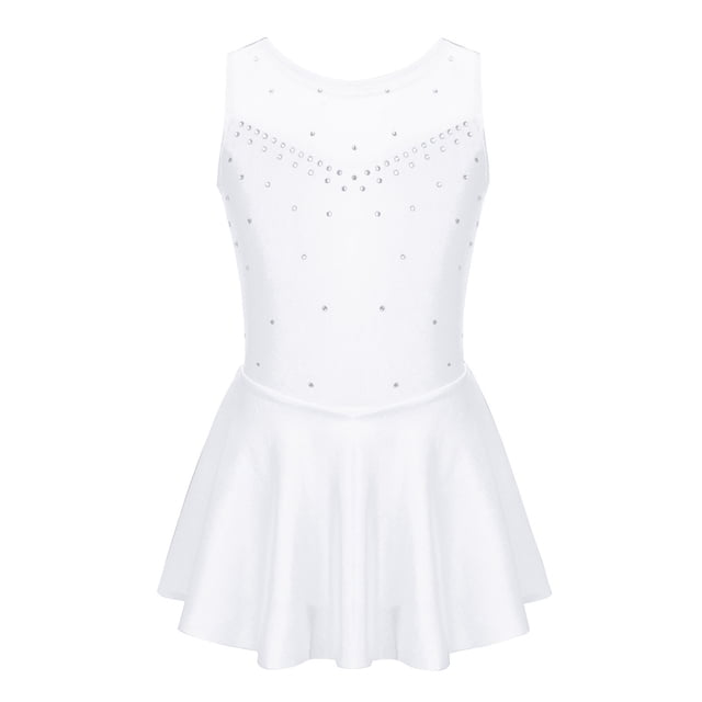 inhzoy Robe de Patinage Artistique pour Filles Enfants avec Strass et Paillettes, Patineuse de Ballet Danseuse, Costume Scintillant Blanc 16