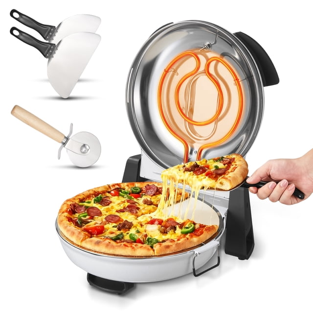 VEVOR Pizza Oven, a 12-inch electric pizza maker in white, featuring a 1200W power output and dual heating tubes. The oven includes a cordierite stone for even heat distribution, a viewing window for precise cooking, and 5-mode temperature control reaching up to 788°F. The image shows the compact countertop oven with a freshly baked pizza being served using one of the included pizza peels. Accessories like two pizza peels and a pizza cutter are also displayed.