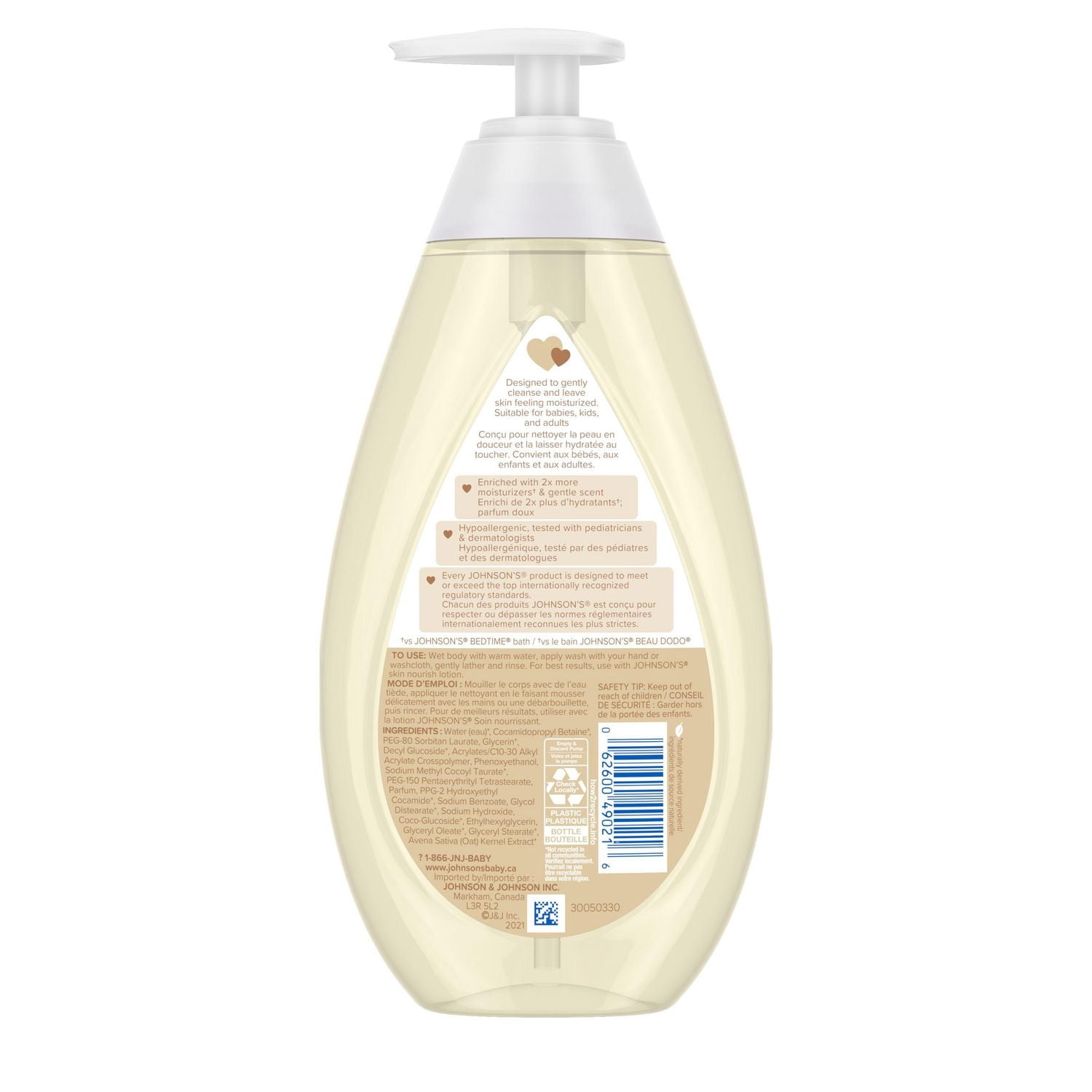 Nettoyant hydratant Johnson's Soin nourrissant Vanille et avoine - Soins de la peau pour bébés - Peau sensible - Parfum de vanille - 600 ml