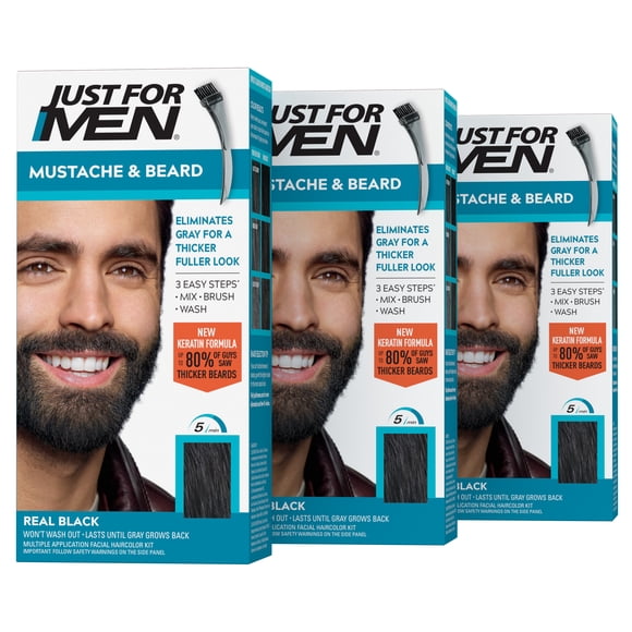 Just For Men Moustache and Beard Coloring for Grey Hair, M-55 Real Black, 3 Pack