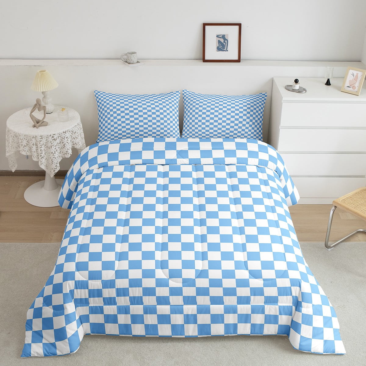 Erosebridal Checkered Gingham Comforter Sets Twin Size, Blue Buffalo Comforters & Duvets, Rectangle Geometry Decor, 2-Piece