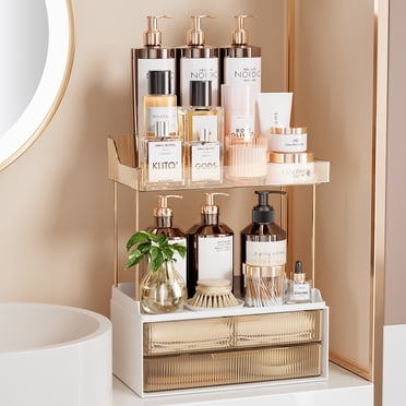 Delamu 2-Tier 2-Drawer Bathroom Organizer Countertop, Multi-Purpose Makeup Organizer Countertop, Large Skincare Organizers, Bedroom Vanity Organizer, Amber