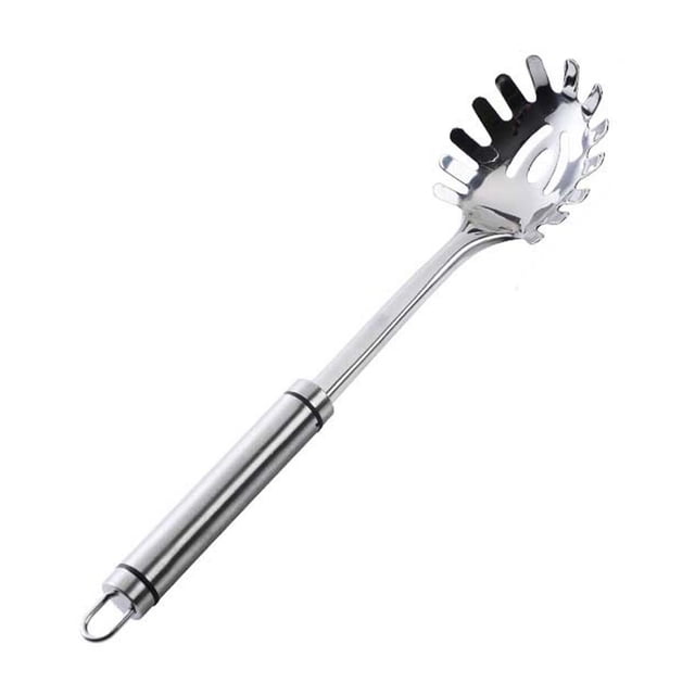 Vaidha Cookware Kitchen Cooking Utensils Set featuring a stainless steel pasta server with a long handle and pronged edges, ideal for serving pasta, noodles, or scooping vegetables. The utensil has a polished finish, is lightweight yet durable, and includes a hanging loop for convenient storage.