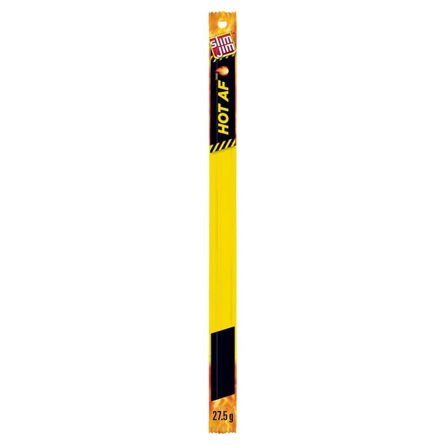 Slim Jim Giant Hot AF spicy snack stick in a tall yellow and black package with the Slim Jim logo and 'HOT AF' text, weighing 27.5 grams, made with beef, pork, and chicken, providing 6 grams of protein per serving, ideal for on-the-go jerky and protein snacks.