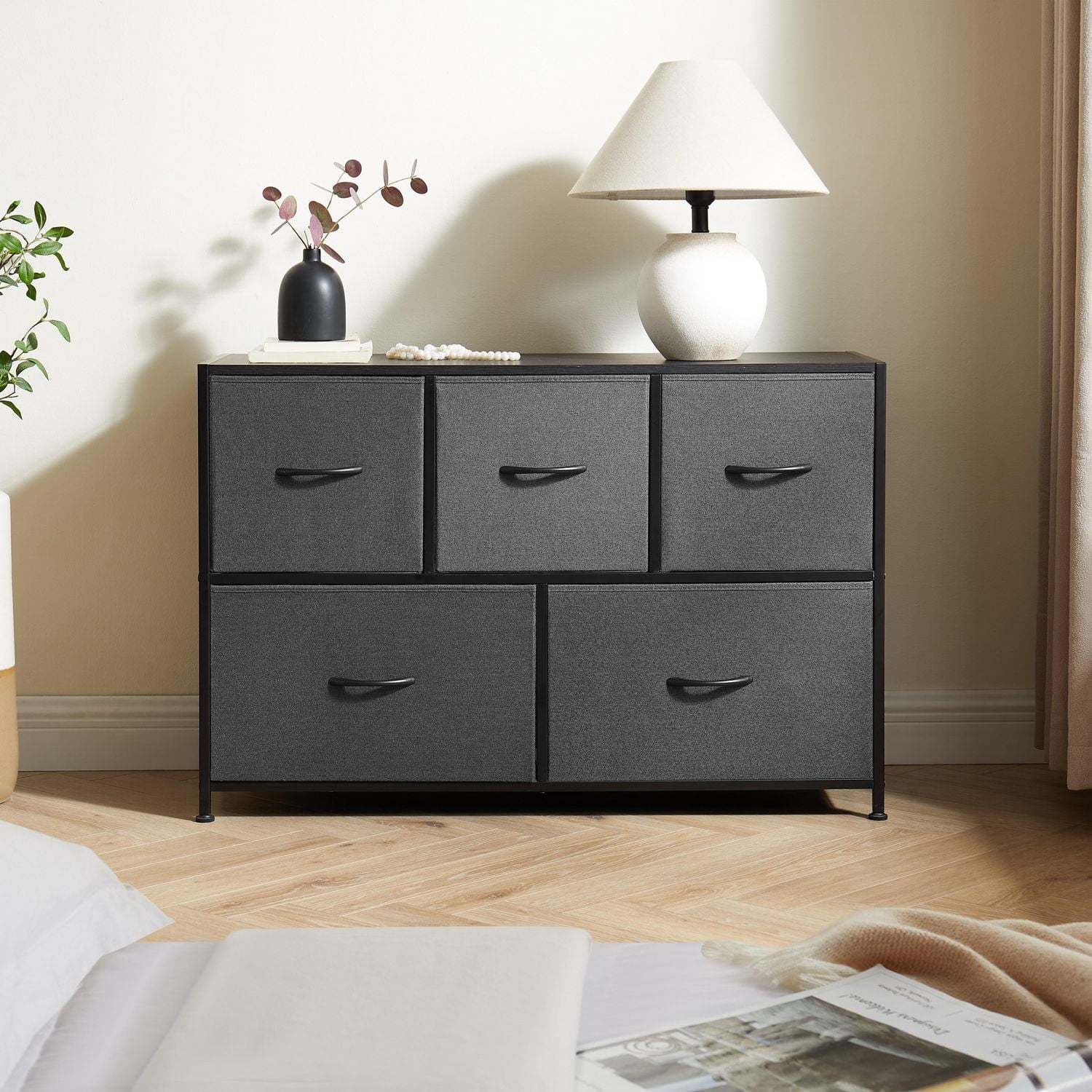 Mainstays 5 Drawer Horizontal Fabric Dresser, Grey