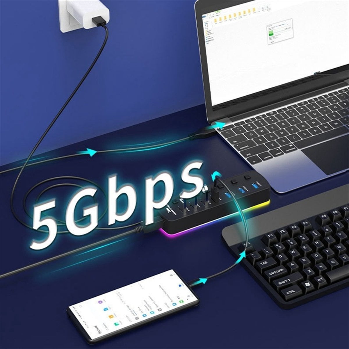 RGB USB 3.0 Hub 7 Ports USB Port Adapter 5Gbps Individual On/Off Switch Splitter Gaming USB Hub for Laptop PC Computer,1 * USB 3.0 Hub 1 * data cable,Black