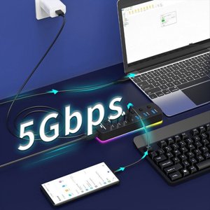 RGB USB 3.0 Hub 7 Ports USB Adaptateur de port 5Gbps Jeu individuel de Splitter d'interrupteur USB Hub pour ordinateur portable PC Ordinateur,1 * USB 3.0 Hub 1 * câble de données, noir