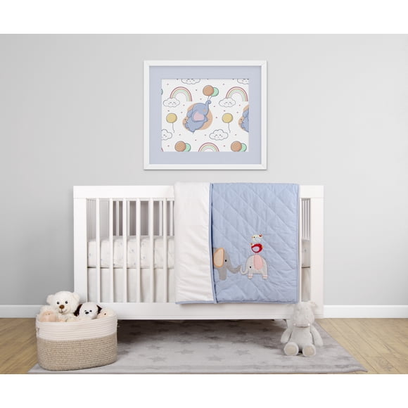 BabyFad Éléphants Éléphant Bleu Ensemble de Literie de Bassinette pour Bébé 3 Pcs Comprend Couverture, Drap-Housse et Jupe de Bassinette – Appliqués, Motif Diamant Classique, Neutre pour le Genre, 100 % Coton, Déco de Chambre de Bébé