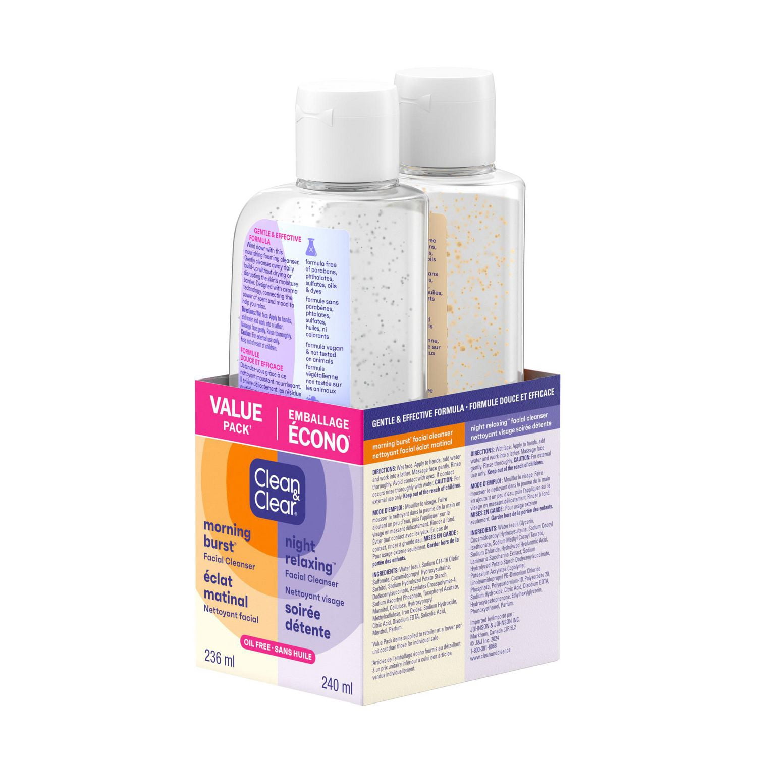 Clean & Clear Emballage Écono Jour et Nuit Nettoyant Quotidien pour le Visage, Sans Huile, Vitamine C, BHA, Acide Hyaluronique, Non Comédogène