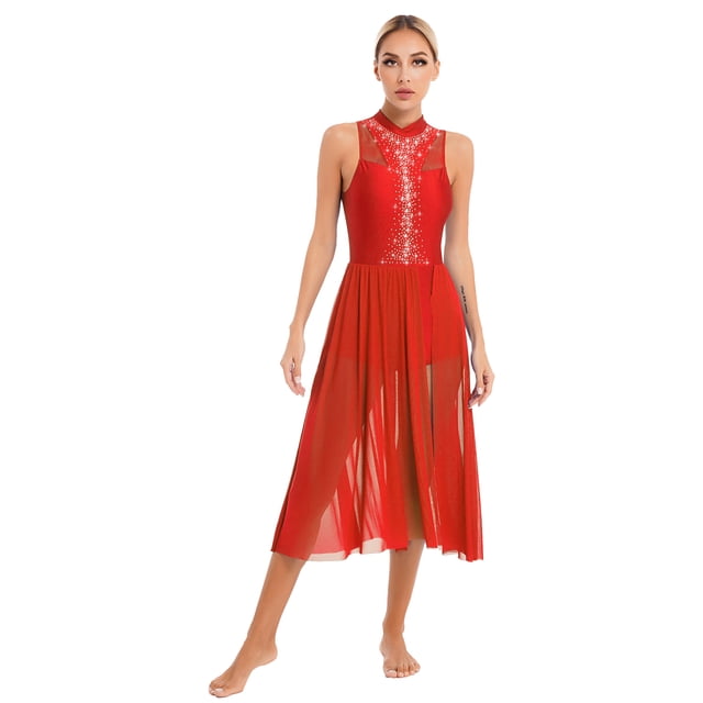 Sinleey Costumes de Danse Lyrique pour Femmes Robe Longue Fluide en Tulle Sans Manches à Sequins Moderne Contemporain Rouge L
