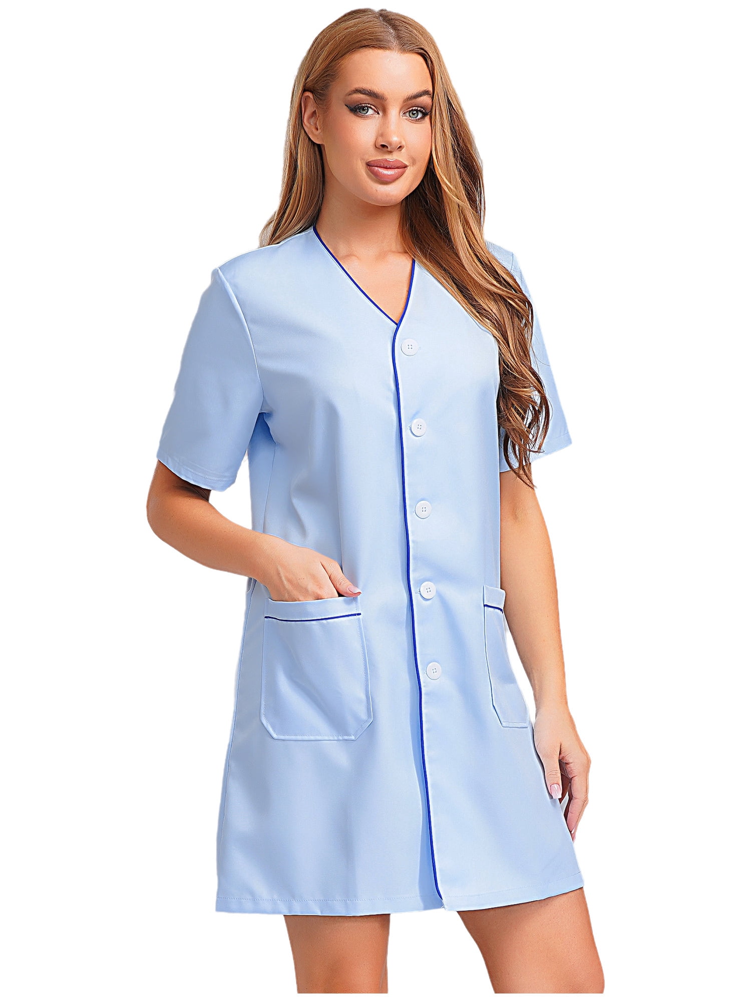 Aislor Robe d'Uniforme d'Infirmière pour Femmes à Manches Courtes, Tenue de Travail Médicale avec Poches, Chemise Boutonnée, Uniforme de Sarrau Bleu Pâle m