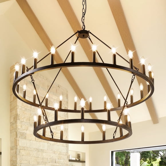 LovingAHome Farmhouse 47.2" 2 Layer 36-Light Large Black Wagon Wheel Chandelier for Porch, Dining Room, Living Room, and High Ceilings