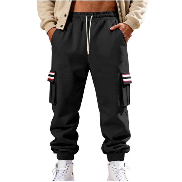 Lovzfmll Men's Retro Striped Fleece Joggers, Solid Color Base, Heavy Pile, Drawstring Waist, Pockets for Warmth Black, S