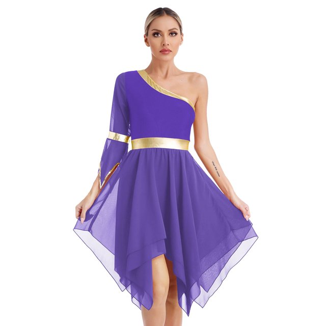 RUNQHUI Robe de Danse Métallique pour Femmes, une Épaule, Manches Évasées, Tenue de Danse Lituricale, Tunique de Danse Violette L
