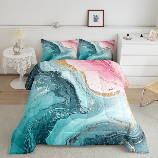 Marble Quilt For Girls Adults Stone Pattern Bedding Set Marbling Fluid Texture Comforter Set Queen Size Watercolor Abstract Art Bedding Comforter Sets,Blue And Pink