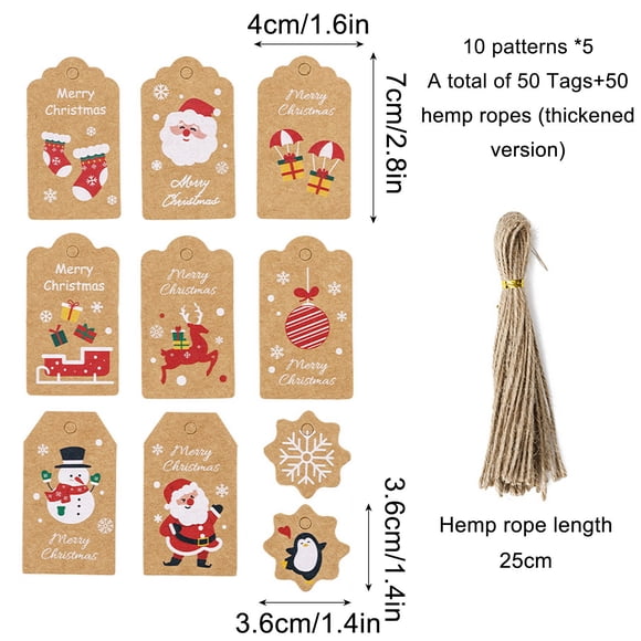 Rvkxad Christmas Gift Tags, 50/100PC Kraft Paper Labels with Ropes for Holiday Present Wrapping, Gift Tags, Name Cards