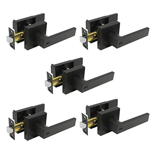 Probrico Heavy Duty Flat Black Square Privacy Door Levers Interior Bedromm Bathroom Door Handles Keyless Bed/Bath Locksets, Reversible for Left Right Handed Doors (5 Pack)