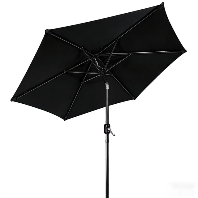 7.5FT Outdoor Patio Umbrella with 6 sturdy ribs, crank mechanism, and tilt functionality, featuring a black polyester canopy and powder-coated iron frame. Provides UV protection and shades tables sized 42-54 inches in gardens, backyards, or pool areas. Base not included.