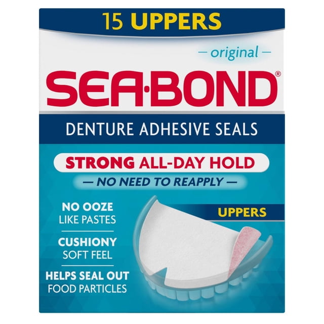 Sea-Bond Denture Adhesive Original Uppers package with 15 cushiony adhesive seals for upper dentures, providing strong all-day hold without ooze, easy no-mess cleanup, and helps seal out food particles for comfortable denture wear.