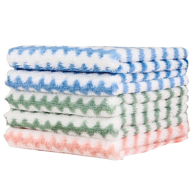 yulier 10 Pcs Kitchen Dishcloths in a stack, featuring reusable, super soft absorbent velvet cleaning cloths with a water ripple pattern in multicolour (blue, green, and red). Each cloth measures 10 x 10 inches and is designed for nonstick oil cleaning, fast drying, and machine washability. Ideal for kitchen use, wiping glass, drying tableware, and other household cleaning tasks.
