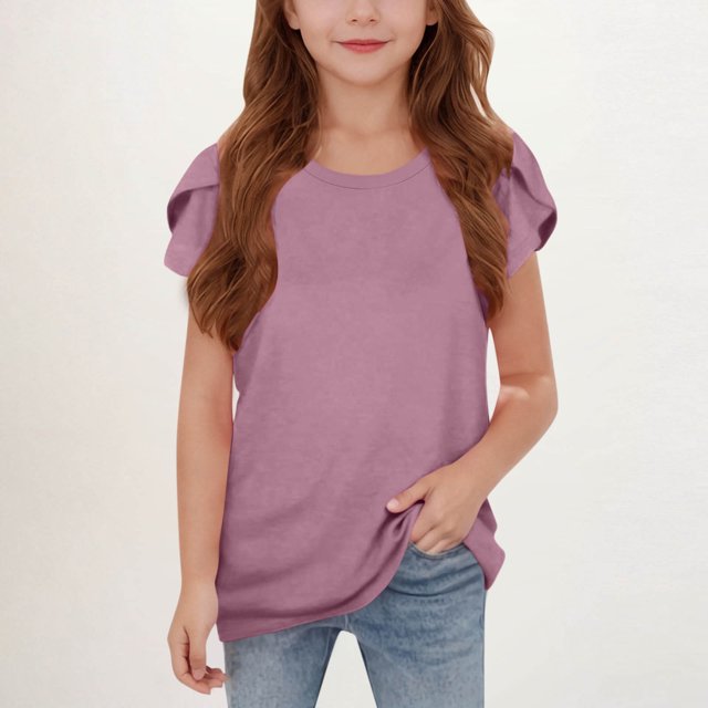 WMTBSRSW Offres Prime Day Filles Mode Floral Manches Courtes T-Shirts d'Été Unis Basiques Décontractés Col Rond 5-14 Ans
