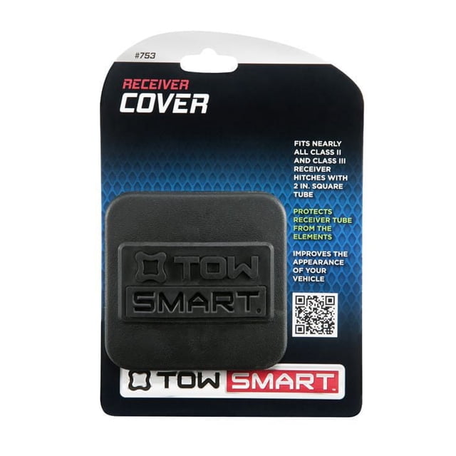 Housse de Récepteur de 2 Pouces par TowSmart en Noir, Conçue pour s'Adapter aux tubes Récepteurs Carrés de 2 Pouces pour Attelages de Remorquage de Classe II et III, Protège le tube Récepteur des Éléments Extérieurs et Améliore l'Apparence du Véhicule, avec un logo TowSmart Embossé et Emballée sur une Carte Bleu-Noir avec des Détails sur le Produit et un code QR.
